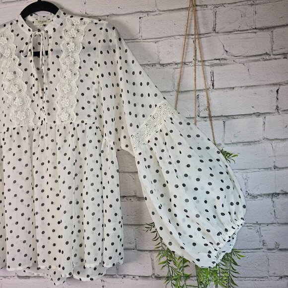 UMGEE SHEER POLKA DOT BLOUSE WOMEN'S LACE BOHO FLOWY LONG SLEEVE MEDIUM - Picture 2 of 6